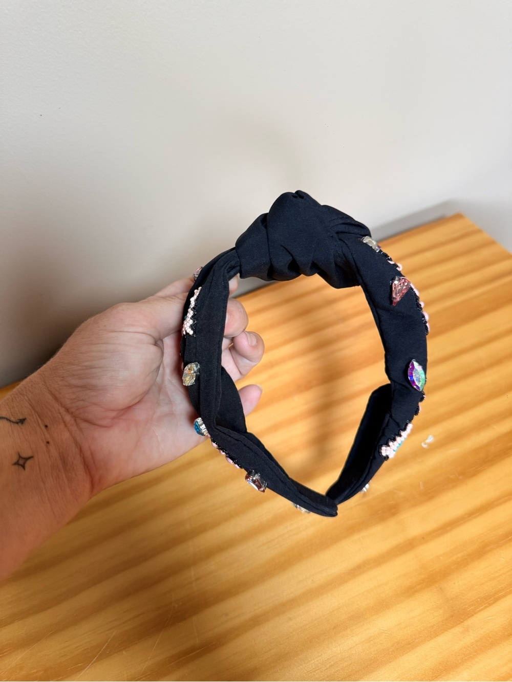 Embellished Black Knotted Headband with Crystal Accents
